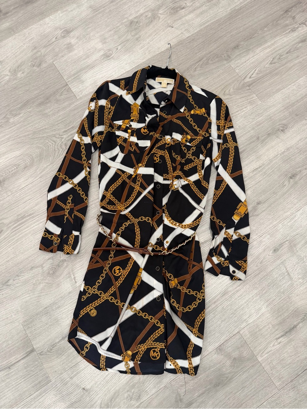 Michael Kors Black Chain-Print Shirt Romper with Gold Accents